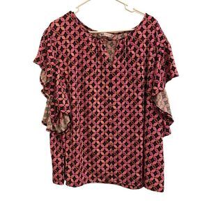 SOS Navy Blue and Pink Floral Flutter Sleeve‎ Top Sz 3X